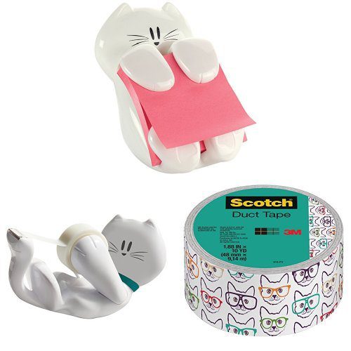 Deluxe Cat Pack Post-it Cat Figure Pop-up Note Dispenser, Scotch Kitty Dispenser with Scotch Magic Tape and Scotch Duct Tape, 1.88 " x 10 yd, Cat with Glasses