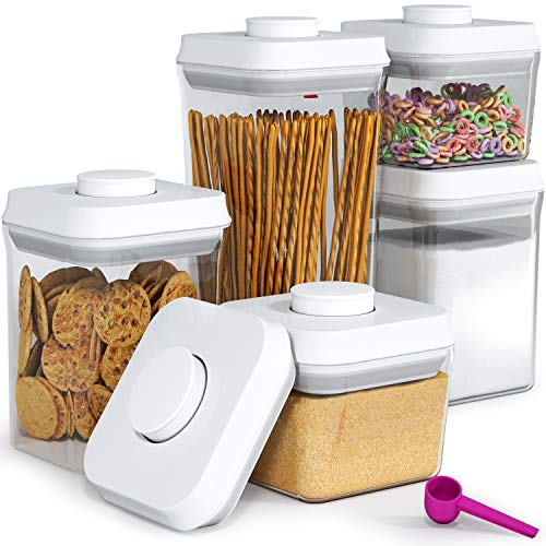 Pop&Lock Air Tight Food Storage Containers - Pop 5-Piece Premium Pantry Space Saving Canisters - Cereal, Flour, Sugar, Pasta, Rice - Hanging Lids And FREE Scoop - 7 Yr Warranty