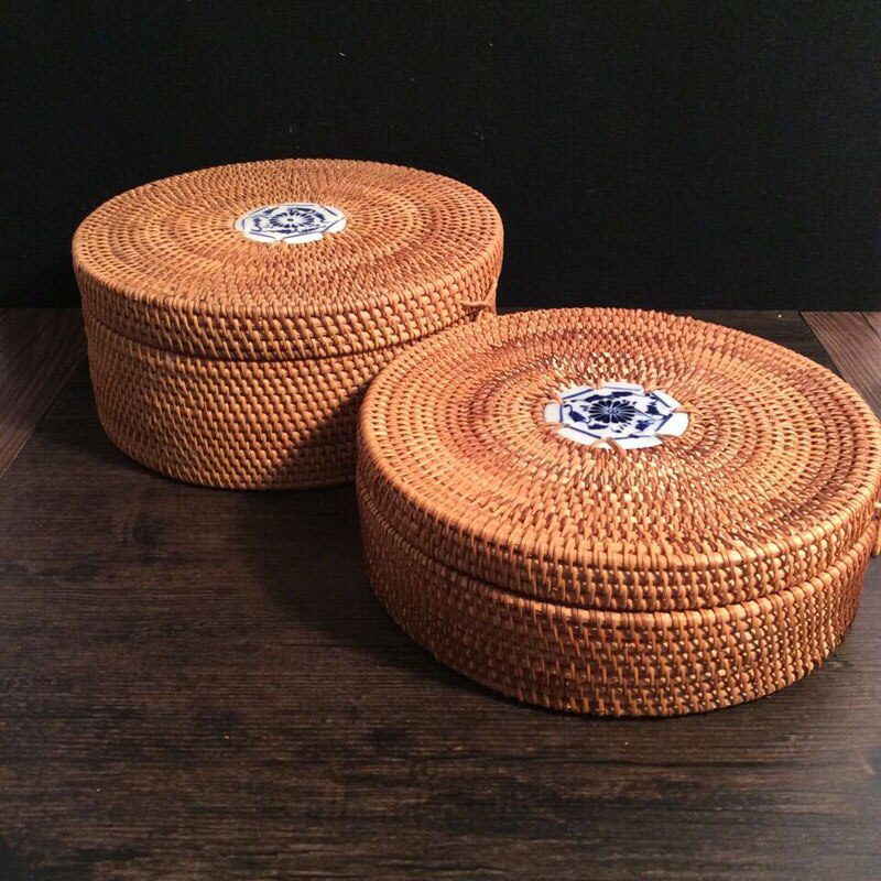 Vietnamese Rattan tea tin box with lid rope square round hand-woven snack food storage box organizer for sundries puerh tea gift