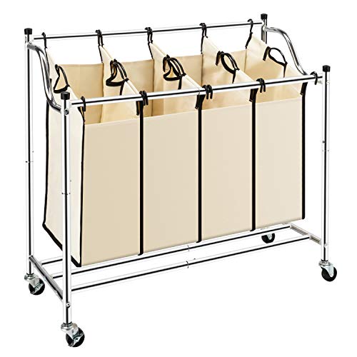 Bonnlo 4-Bag Heavy-Duty Laundry Sorter Cart Rolling Divided Laundry Sorting Cart with Removable Bags and Brake Casters (Beige)