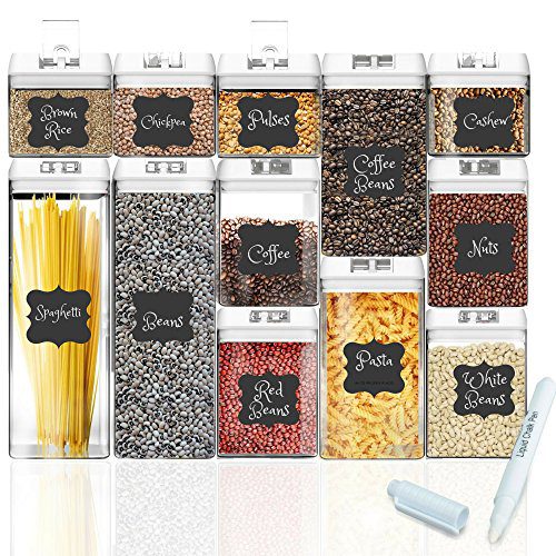 Shazo Airtight Container Set for Food Storage - 12 Piece Set + 18 Labels & Marker - Strong Heavy Duty Plastic - BPA Free - Airtight Storage Clear Plastic w/White Interchangeable Easy Lock Lids