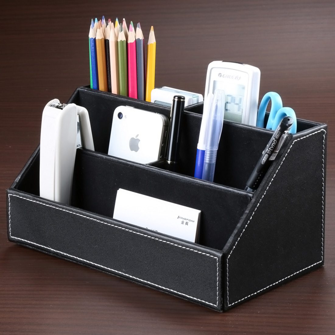 HIPSTEEN 5 Compartment PU Leather Desk Organizer Pen Business Cards ...