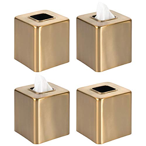 mDesign Modern Square Metal Paper Facial Tissue Box Cover Holder for Bathroom Vanity Countertops, Bedroom Dressers, Night Stands, Desks and Tables - 4 Pack - Soft Brass