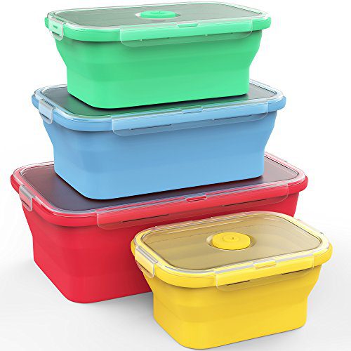 Vremi Silicone Food Storage Containers with BPA Free Airtight Plastic Lids - Set of 4 Small and Large Collapsible Meal Prep Container for Kitchen or Kids Lunch Boxes - Microwave and Freezer Safe