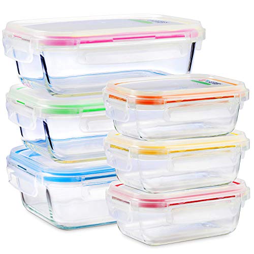 Glass Food Storage Containers with Lids - 6 Pack, 2 Sizes (35 Oz, 12 Oz) - Meal Prep Lunch Boxes - Microwave, Fridge, Freezer, Dishwasher, Oven Safe - BPA-free - Easy Snap, Airtight and Leakproof Lids