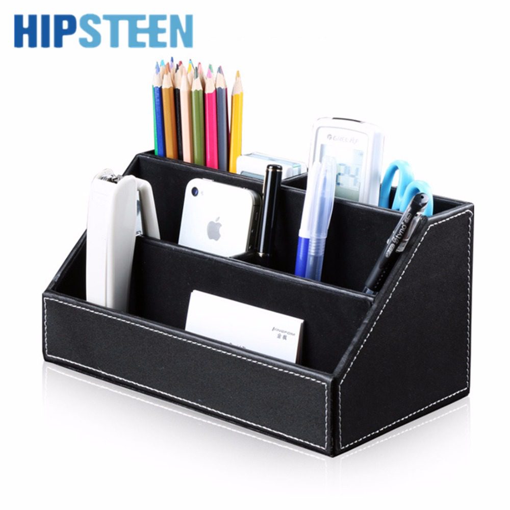 HIPSTEEN 5 Compartment PU Leather Desk Organizer Pen Business Cards Remote Control Phone Holder Storage Box Home Office Supplies