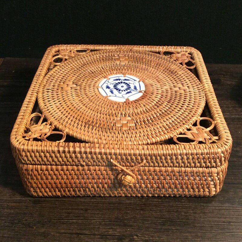 Vietnam Autumn rattan Rdensely knitted Pu 'er tin tea box organizer square tea tin storage box Elegant quality Jewelry Box gift