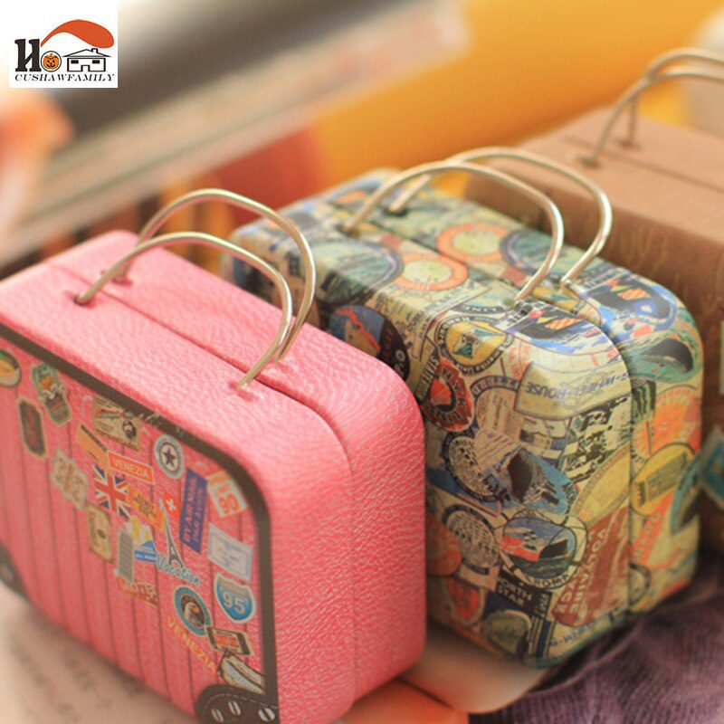 CUSHAWFAMILY Europe type vintage suitcase shape candy storage box wedding favor tin box cable organizer container household
