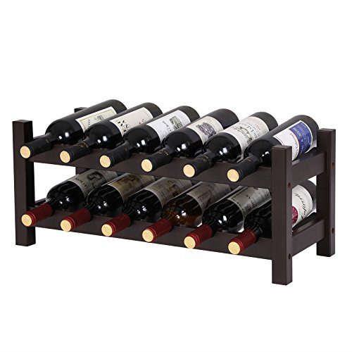 SONGMICS Bamboo Wine Display Rack, 2-Tier 12-Bottle Storage Shelf, Brown UKWR001BR