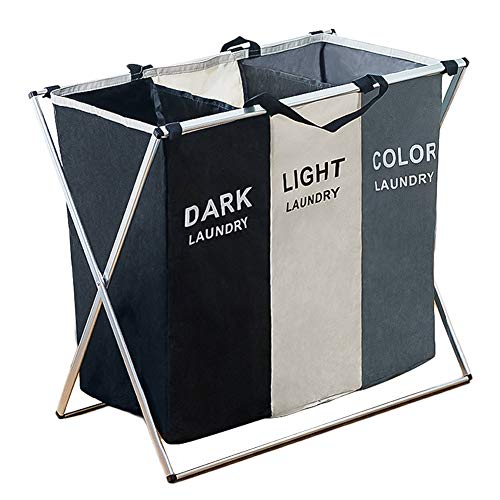 105L Laundry Hamper Sorter Basket Foldable 3 Sections with Aluminum Frame 26''×24''H Washing Storage Dirty Clothes Bag for Bathroom Bedroom Home, Multicolor (3 Liner)
