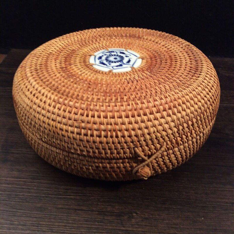 Southeast Asia Rattan storage box with lid round hand-woven tea container food sundries organizer puerh tea box tin vintage gift
