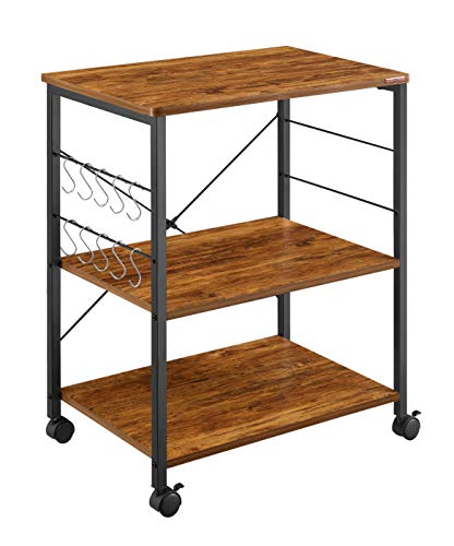 Mr IRONSTONE Vintage Kitchen Cart 3-Tier Kitchen Baker's Rack Utility Microwave Oven Stand Storage Rolling Workstation with 10 Hooks for Living Room