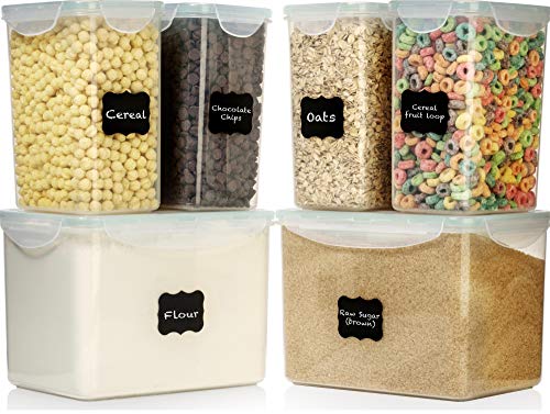 LARGE SIZE Food Storage Containers - Sugar, Flour Plastic Containers 12 pc (set of 6) - 18 FREE Chalkboard labels & Marker - Airtight, Leakproof - BPA Free - Microwave, Freezer & Dishwasher Safe