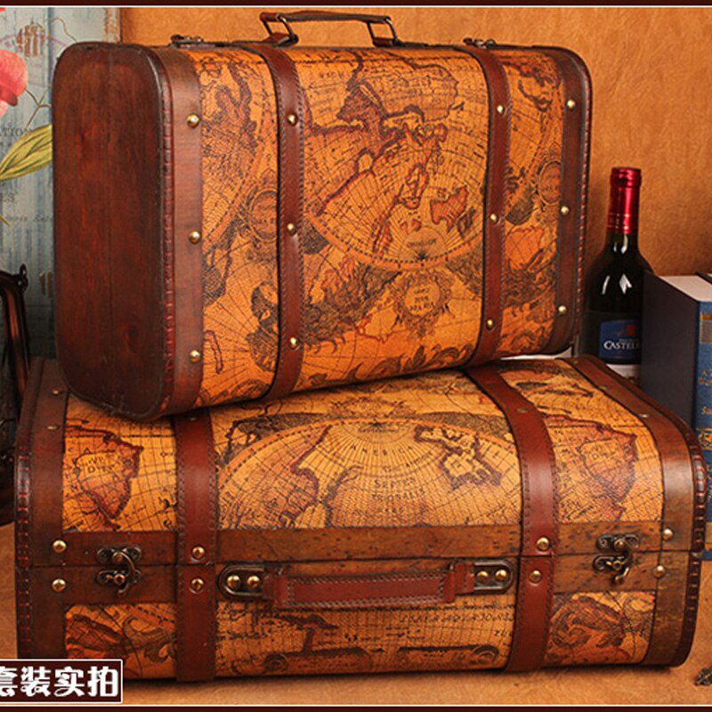 Gushifu Wooden box European suitcase vintage box Gift wooden jewelry box big zakka Storage Box map brown Leather printing
