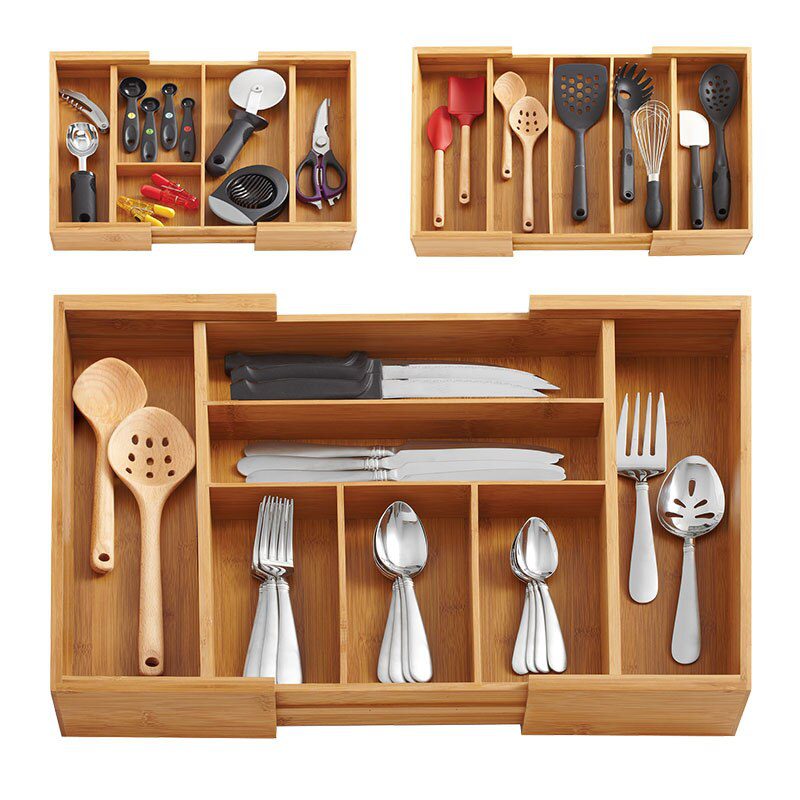 Expandable Bamboo Cutlery Organizer Eco Kicthen Storage Box Adjustable Utensil Drawers Knife/Spoons Storage Holders Multi-Use