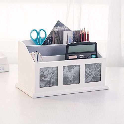 INART Desk Organizer and Accessories Pencil Holder Container Remote Control Storage Mail Sorter with 3 Photo Openings for Desktop Home Office Supplies, White Finish