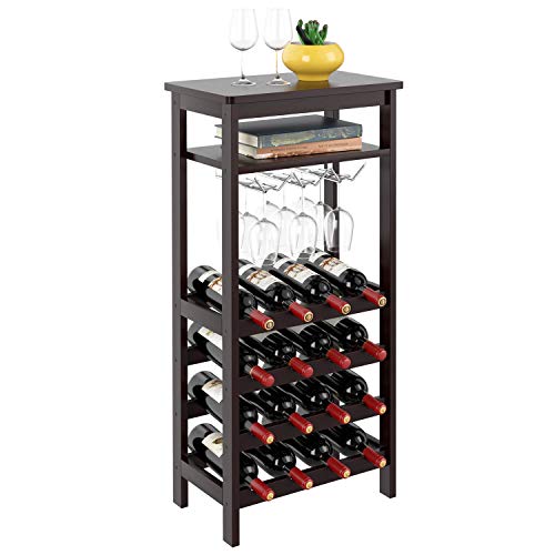Homfa Bamboo Wine Rack Free Standing Wine Holder Display Shelves with Glass Holder Rack, 16 Bottles Stackable Capacity for Home Kitchen, Retro Color