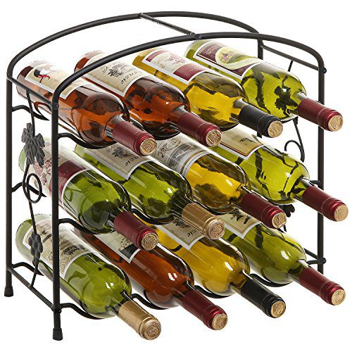 Modern Grapevine Design Black Freestanding Metal 12 Bottle Wine Storage Shelf Rack / 3-Tier Wine Holder