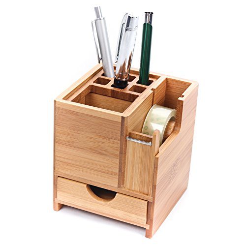 CKB Ltd Bamboo Desk Square Pen Pencil Holder Stand Office Organizer with Drawer & Tape Dispenser