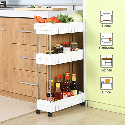 3 Tier Slim Storage Cart Mobile Shelving Unit Slide Out Storage Tower for Kitchen Bathroom Laundry Room Narrow Places(White)
