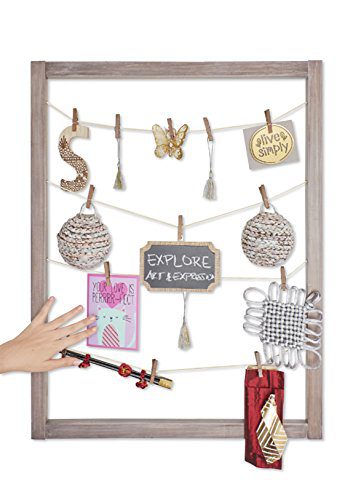 Reimagine Hanging Photo Display- Wood Wall Picture Frame Collage Board for Hanging Prints, Instax, Polaroid, Holiday Cards, Artwork- Display 2 Ways- Adjustable String, 40 Clothespin Clips- Rustic Grey