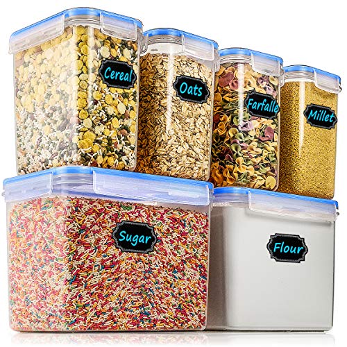 Airtight Food Storage Containers - Wildone Cereal & Dry Food Storage Container Set of 6, Leak-proof & BPA Free, With 1 Measuring Cup & 20 Chalkboard Labels & 1 Chalk Marker