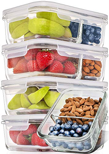 [5 Pcs] Glass Meal Prep Containers Glass 2 Compartment - Glass Food Storage Containers - Glass Storage Containers with Lids - Divided Glass Lunch Containers Food Container - Glass Food Containers 29oz