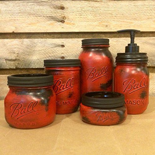 5 Piece Rustic Red Mason Jar Bathroom Accessory Set or Desk Set with Mason Jar Soap Dispenser