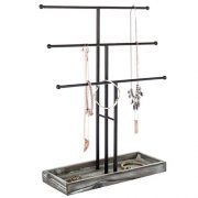 MyGift Black Metal 3-Tier Jewelry Display Stand with Wooden Ring Tray