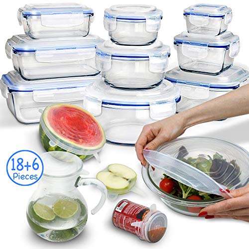 24 Piece Glass Food Storage Containers with Lids + Microwave Covers, BPA-Free & FDA Approved, 100% Leak-proof and Airtight, Meal Prep, Oven/Dishwasher/Microwave/Freezer Safe