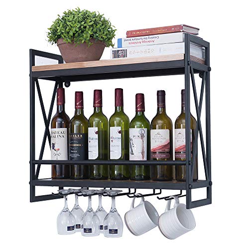 Industrial Wine Racks Wall Mounted with 5 Stem Glass Holder,23.6in Rustic Metal Hanging Wine Holder Wine Accessories,2-Tiers Wall Mount Bottle Holder Glass Rack,Wood Shelves Wall Shelf Home Decor