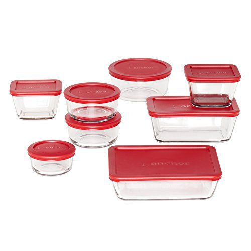 Anchor Hocking Classic Glass Food Storage Containers with Lids, Red, 16-Piece Set