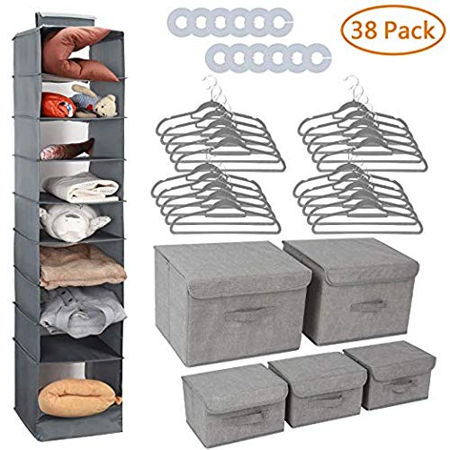 Collapsible Nursery Closet Organizer, 38 Complete Storage Organizer Set with Hanging Shelves, Fabric Storage Boxes, Non Slip Velvet Hangers, Round Clothes Rividers, Closet Organizer for Sweater, Grey