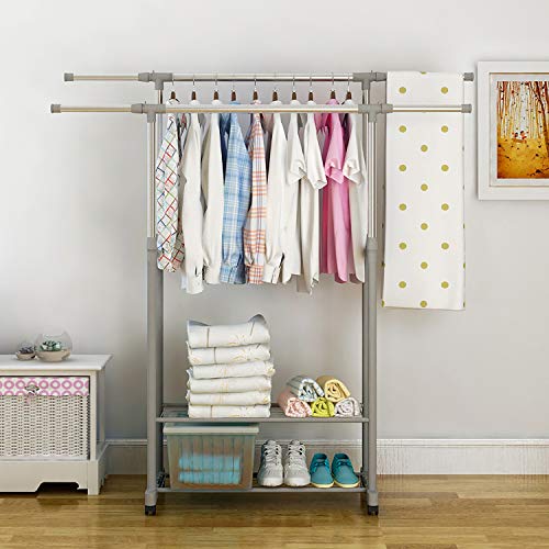 HOME BI Adjustable Garment Rack with 2 Tier Metal Shelf for Shoes Boxes