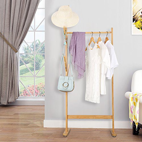 LANGRIA Single Rail Bamboo Garment Rack with 8 Side Hook Tree Stand