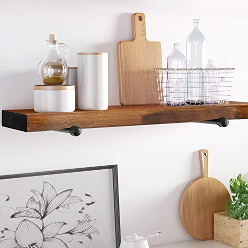 Floating Wall Shelf with Industrial Pipe Brackets, Solid Wood