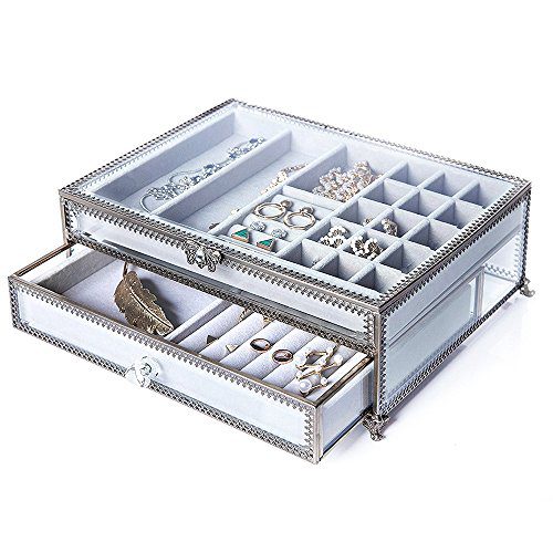 PuTwo Jewelry Boxes 22 Sections Metal Glass Jewelry Organizer