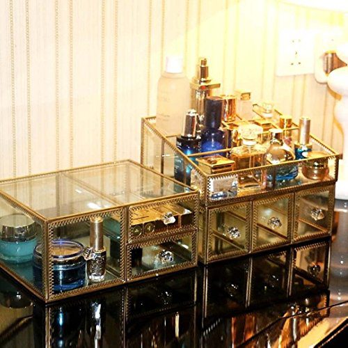Hersoo Gold Mirrored Vanity Tray,Glass Makeup Display Organizer