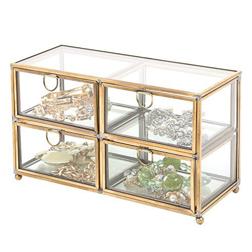 MyGift Vintage Clear Glass & Brass Metal 4 Drawer Display Box