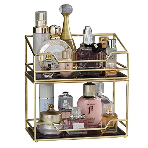 2Layer Stackable Glass Perfume Tray/2 Tirer Spacious Gold Black Mirror