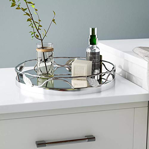Round Mirror Tray with Nickel Leaf Design - Elegant Serving Tray