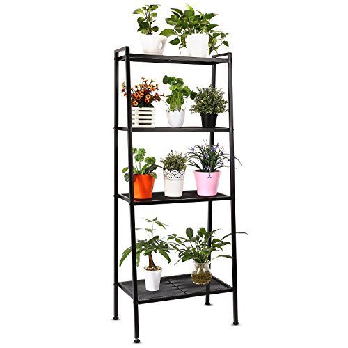HOMFA Metal 4 Shelf Bookcase, Multifunctional Ladder-Shaped Plant Flower