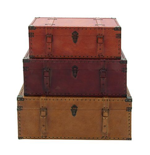 Deco 79 56670 Large Brown, Burgundy, Tan Leather & Wood Storage Trunks