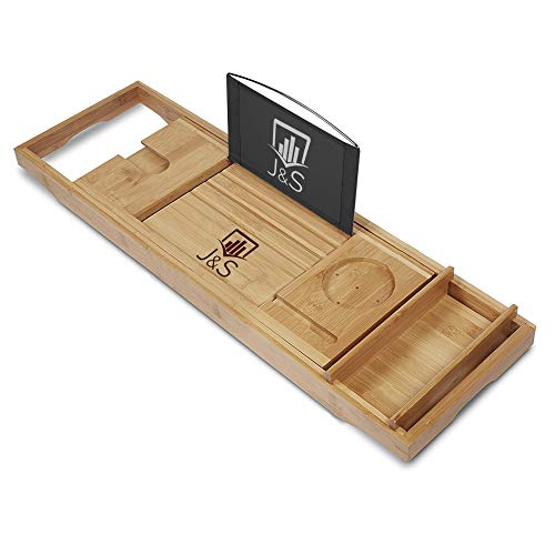J & S Premium Bamboo Bathtub Caddy Tray - Bamboo Wooden