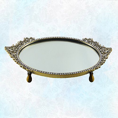 Vintage Gold Tone Vanity Mirror Tray with Oval Beautiful Asian Design