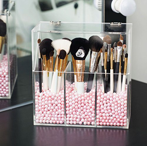 Newslly Clear Acrylic Makeup Organizer with 3 Brush Holder Compartment