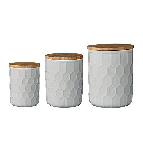 Bloomingville Set of 3 White Stoneware Canisters with Bamboo Lids