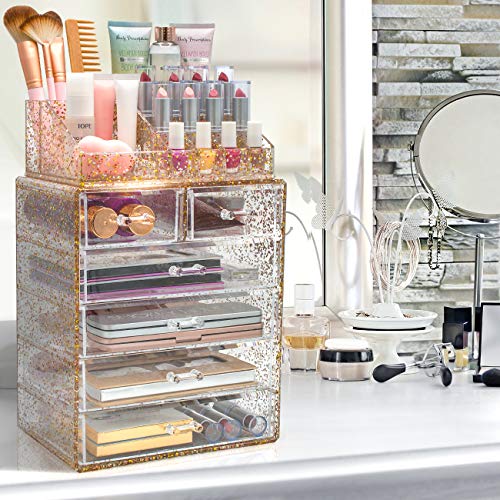 Sorbus Glitter Cosmetic Makeup and Jewelry Storage Case Rose Gold Display