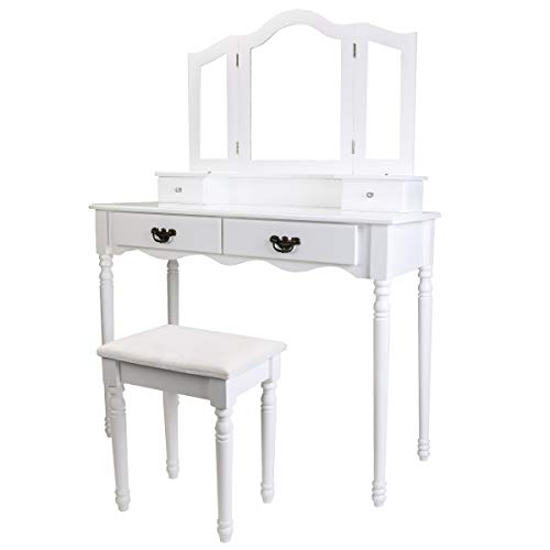 BOCCA Vanity Set Dressing Table,4 Drawers Tri-Folding Necklace Hooked Mirror