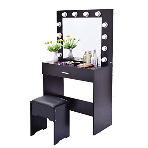 Fine Vanity Table Set Mirror with LED Lights, Dressing Table and Stool Set